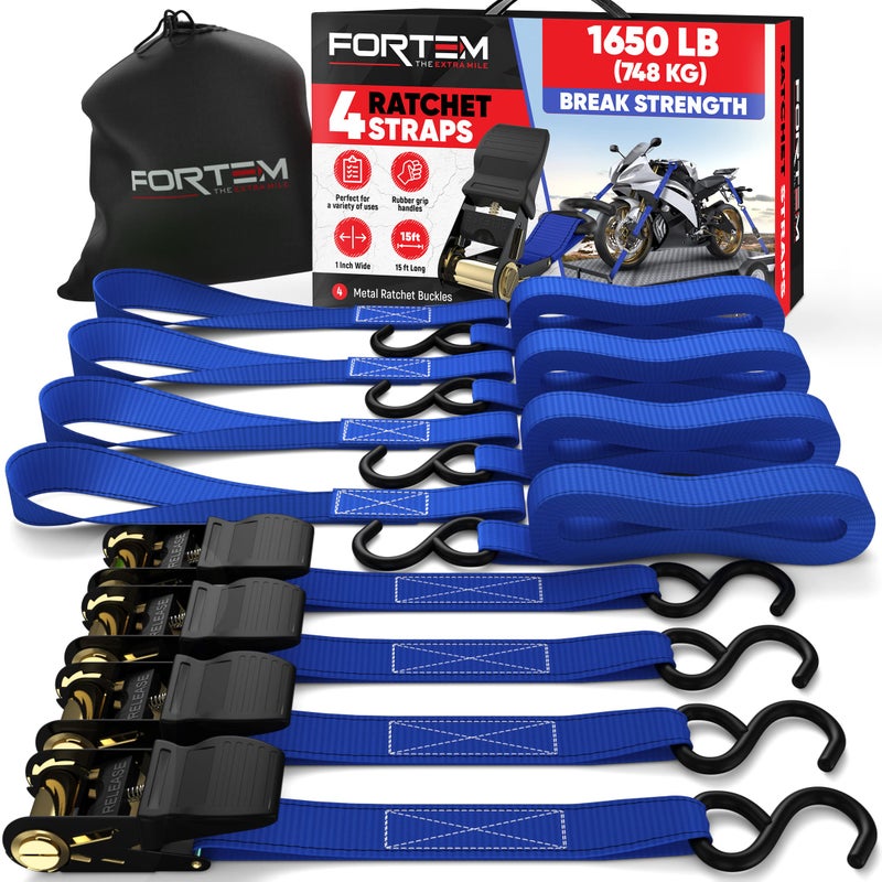FORTEM Ratchet Straps, Tie Down Strap Set 1650lb Break Strength, 4 Pack 15ft x 1in, 4 Soft Loops, Moving Straps Tie Downs, Cargo Cam Buckles for Trucks, Carry Bag, for Men - Image 1